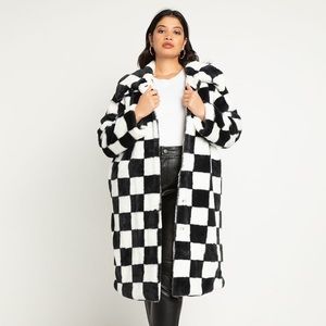 Eloquii Checkerboard Coat - Black and White, Faux Fur, Plus Size